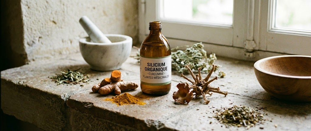 Une bouteille de silicium organique, de la curcumine et des plantes médicinales comme l'Harpagophytum sur un plan de travail en pierre, photographie de santé naturelle, 